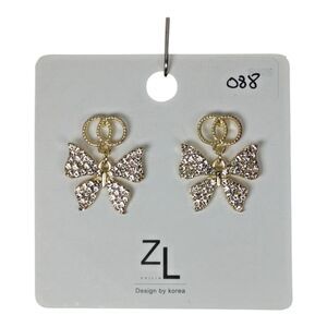 Zhilin Dangle Stud Butterfly Earrings Gold Tone Metal Clear Glass Stones Rings